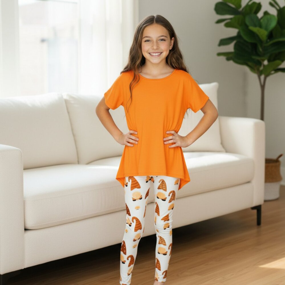 🎃S/L NEW Girls Orange Shirt, Asymmetric Hem, Soft and Stretchy Fall Top